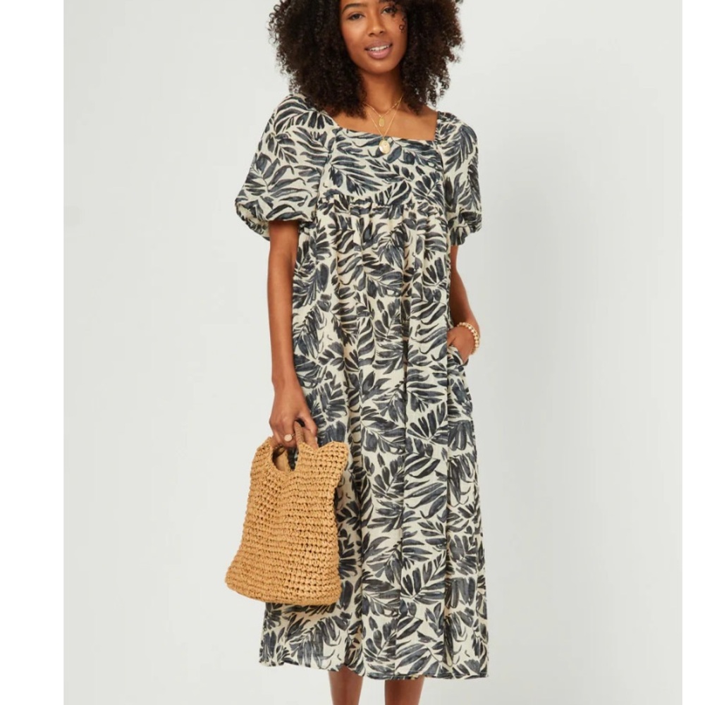 Tuckernuck Black and Cream Leaf Print Midi Dress